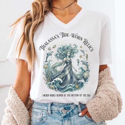 T-Shirts White / S Thalassa's Tide-Worn Relics Ocean Goddess V-Neck The Mystic Eden