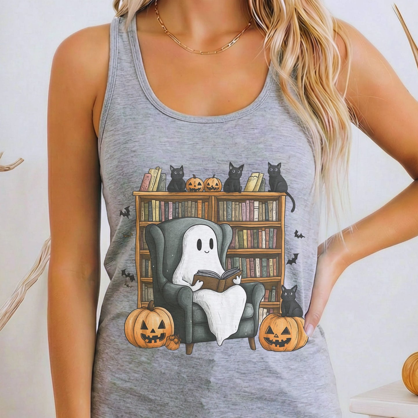 Tank Top Heather Grey / XS Cute Reading Ghosts & Black Cats Women's Racerback Tank Top The Mystic Eden