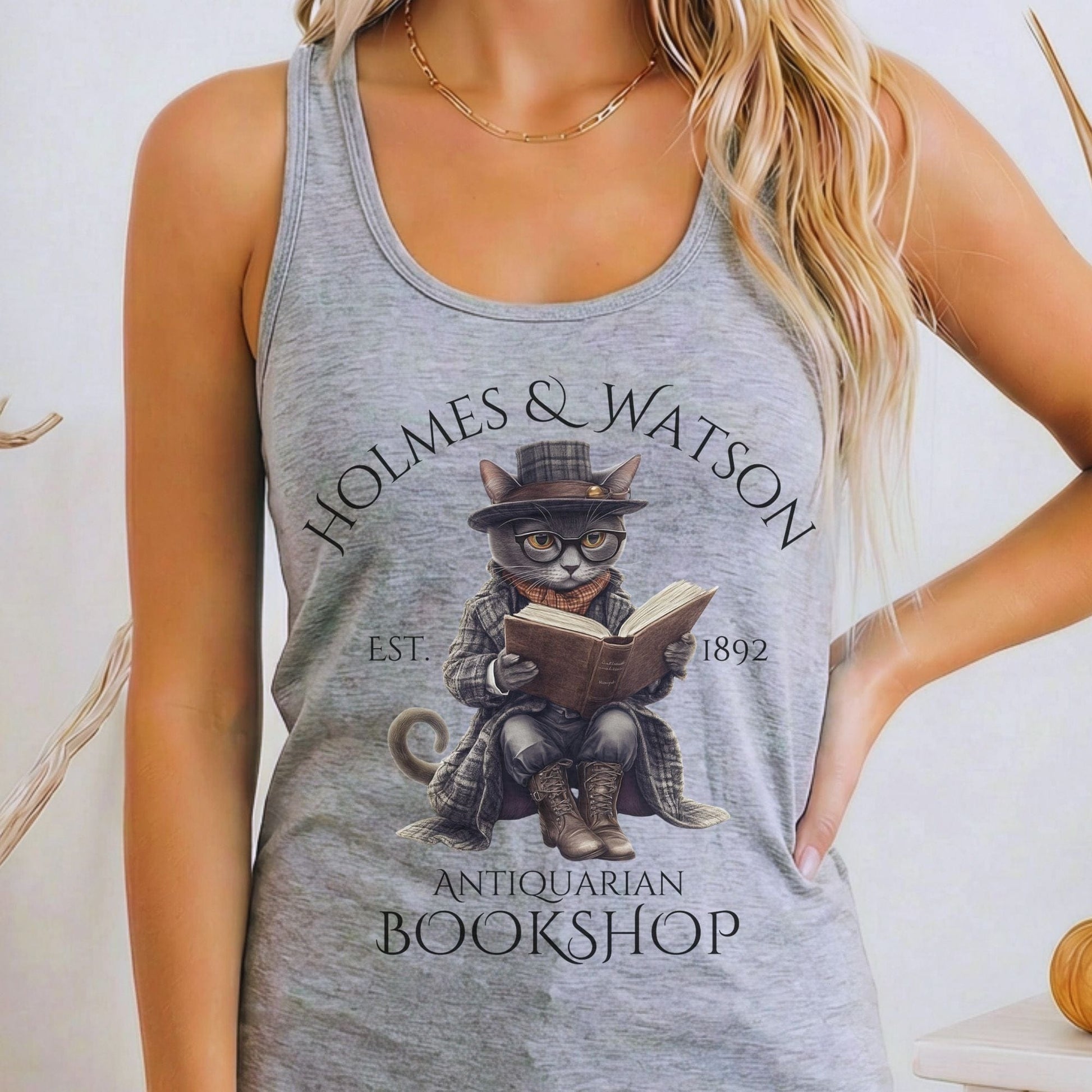 Tank Top Heather Grey / XS Holmes & Watson Antiquarian Bookshop Sherlock Holmes Women's Racerback Tank Top The Mystic Eden