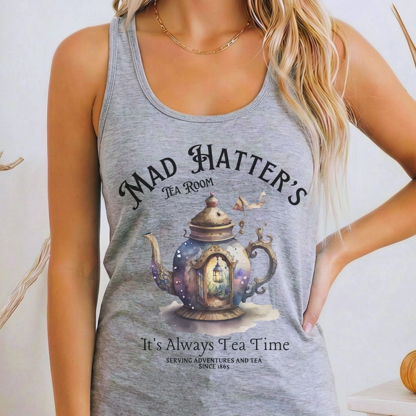 Tank Top Heather Grey / XS It's Alway's Tea Time Mad Hatters Tea Room Women's Racerback Tank Top The Mystic Eden