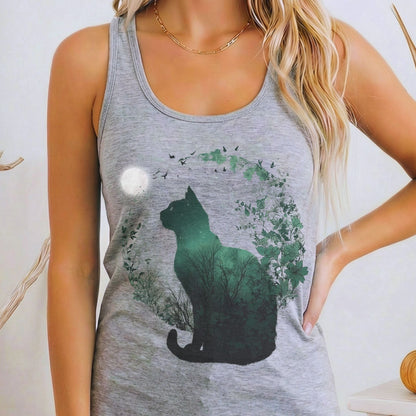 Tank Top Heather Grey / XS Moonlit Nocturnal Cat Scene Women's Lightweight Tank Top The Mystic Eden