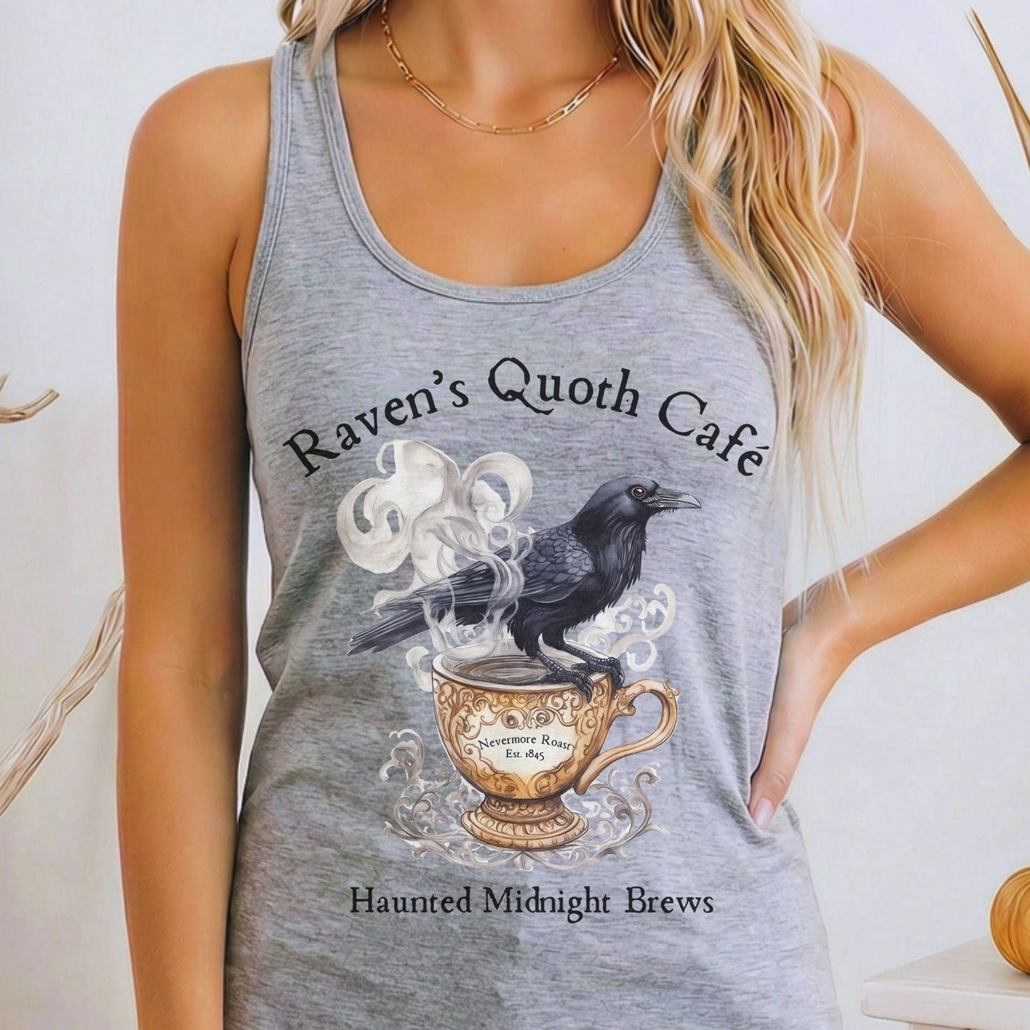 Tank Top Heather Grey / XS Raven Quoth Cafe Haunted Midnight Brews Poe Women's Racerback Tank Top The Mystic Eden