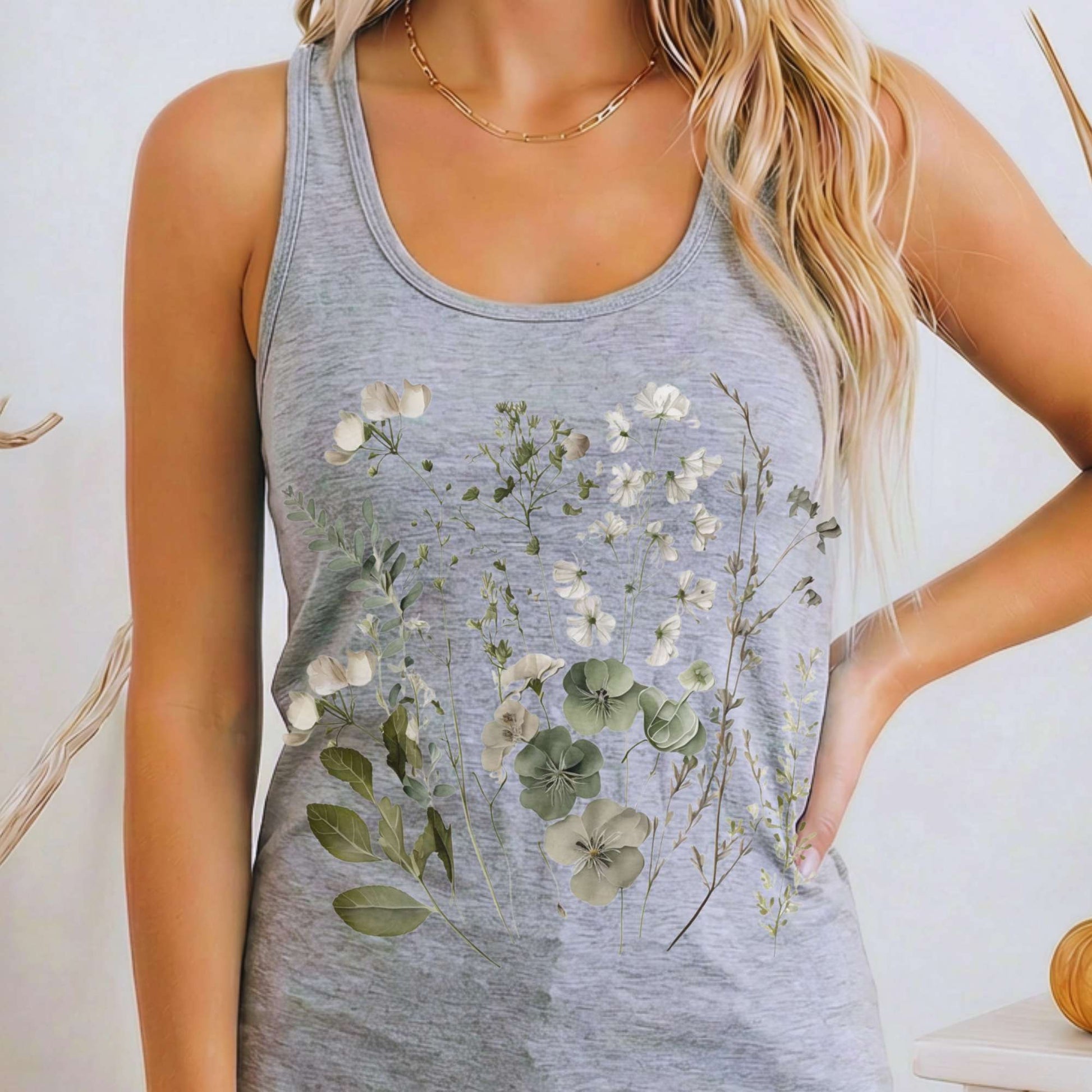 Tank Top Heather Grey / XS Sage and White Wildflower Lightweight Women's Racerback Tank The Mystic Eden