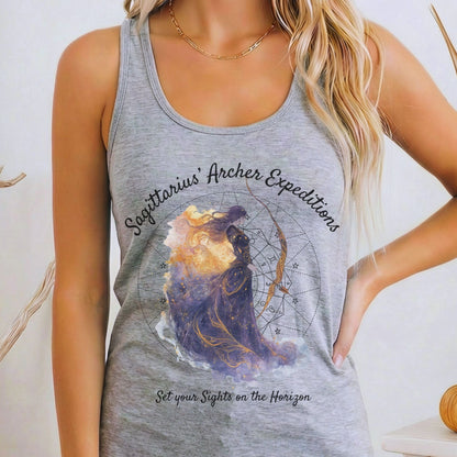 Tank Top Heather Grey / XS Sagittarius' Archer Expeditions Zodiac Women's Racerback Tank Top The Mystic Eden