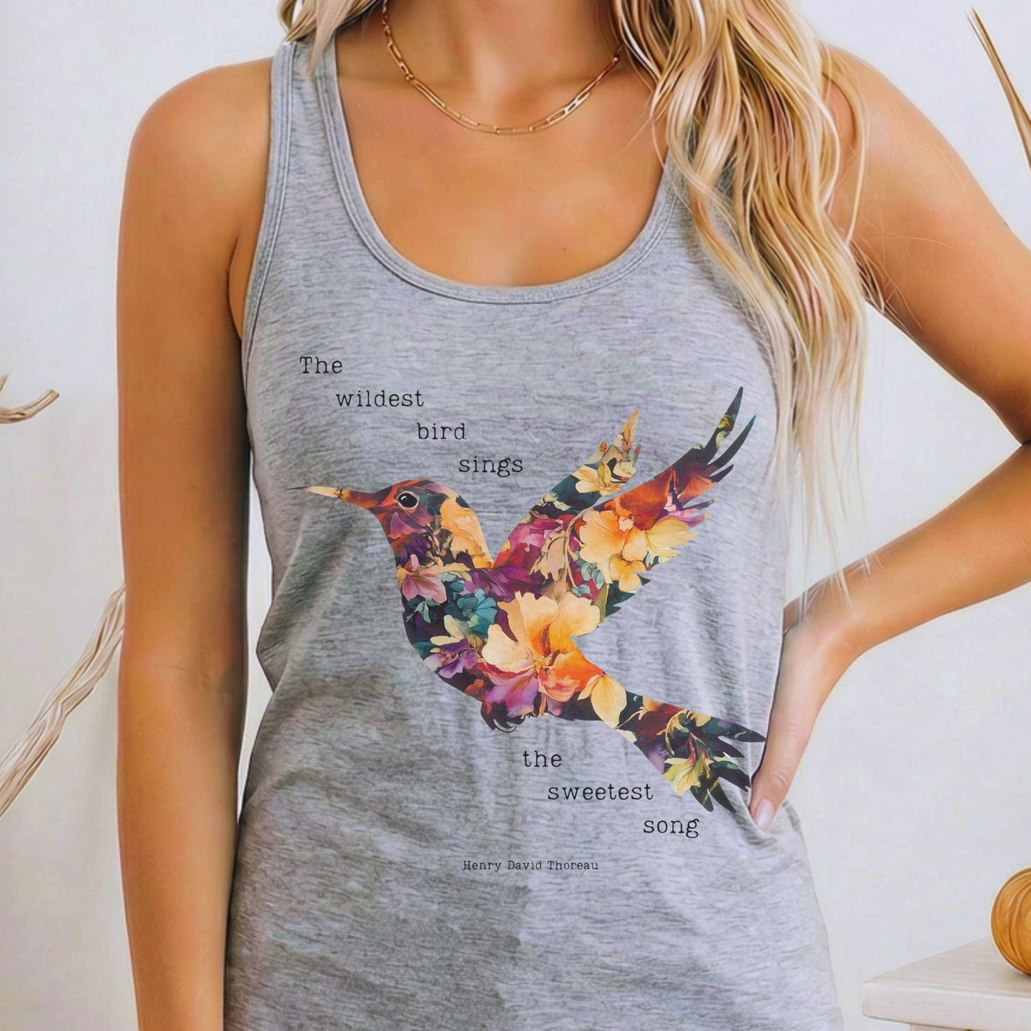 Tank Top Heather Grey / XS The Wildest Bird Sings The Sweetest Song Thoreau Women's Racerback Tank Top The Mystic Eden