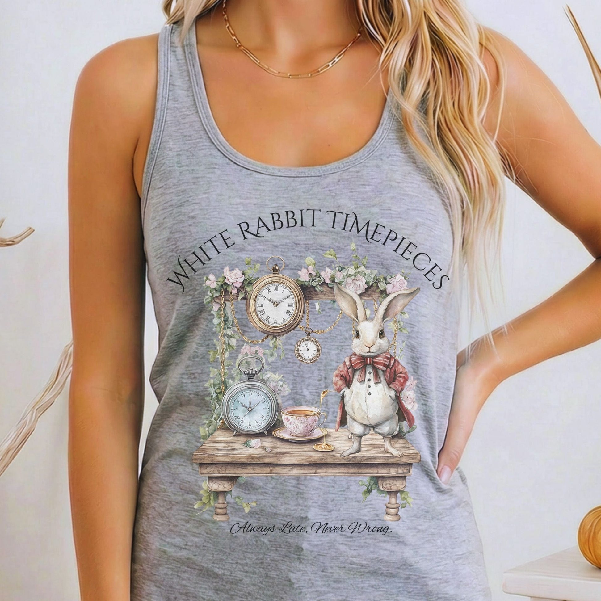 Tank Top Heather Grey / XS White Rabbit Timepieces Alice in Wonderland Women's Racerback Tank Top The Mystic Eden