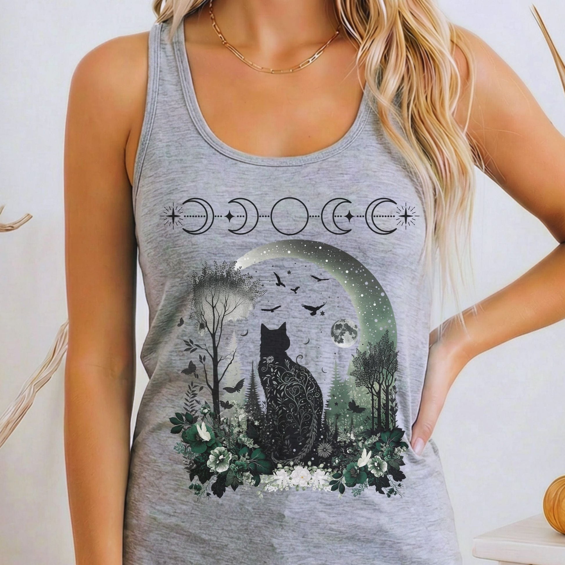 Tank Top Heather Grey / XS Witchy Black Cat Women's Racerback Tank Top The Mystic Eden