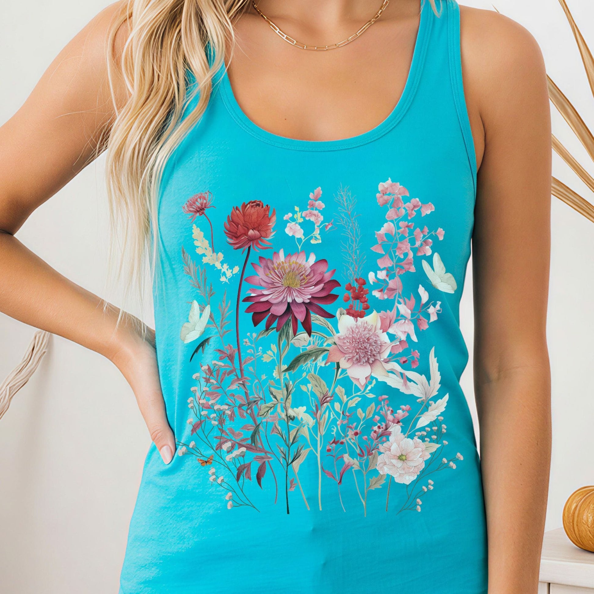 Tank Top Pink Floral Wildflower & Butterfly Women's Lightweight Racerback Tank Top The Mystic Eden