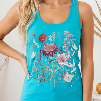Tank Top Pink Floral Wildflower & Butterfly Women's Lightweight Racerback Tank Top The Mystic Eden