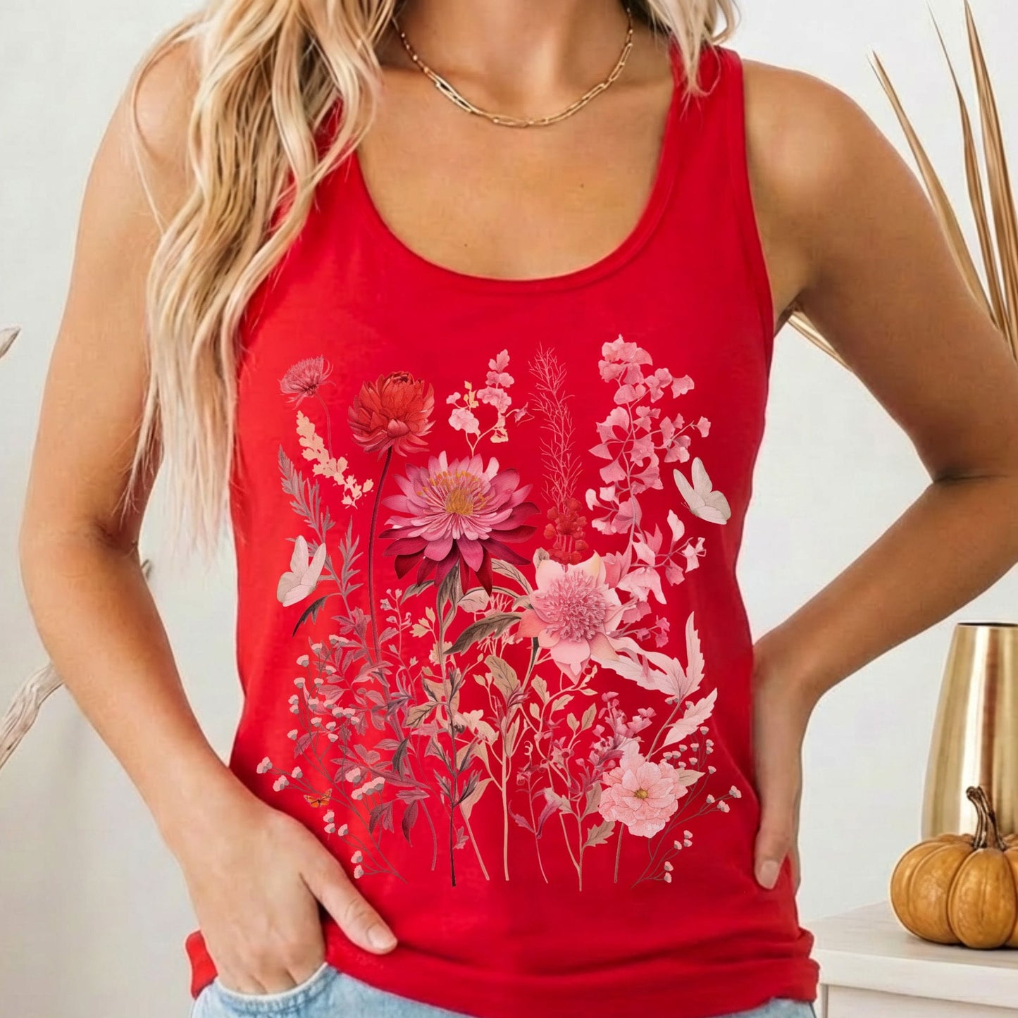 Tank Top Pink Floral Wildflower & Butterfly Women's Lightweight Racerback Tank Top The Mystic Eden