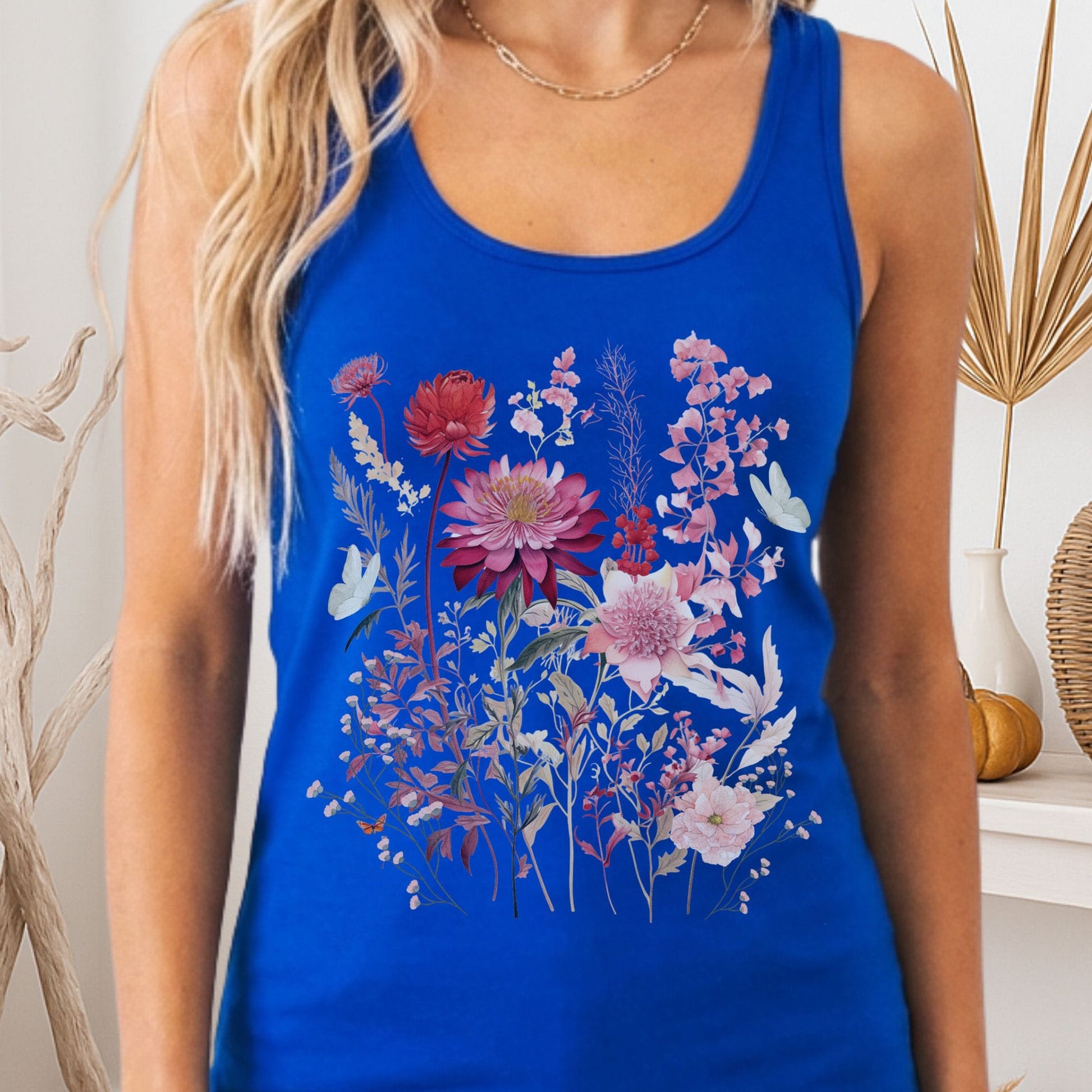 Tank Top Pink Floral Wildflower & Butterfly Women's Lightweight Racerback Tank Top The Mystic Eden