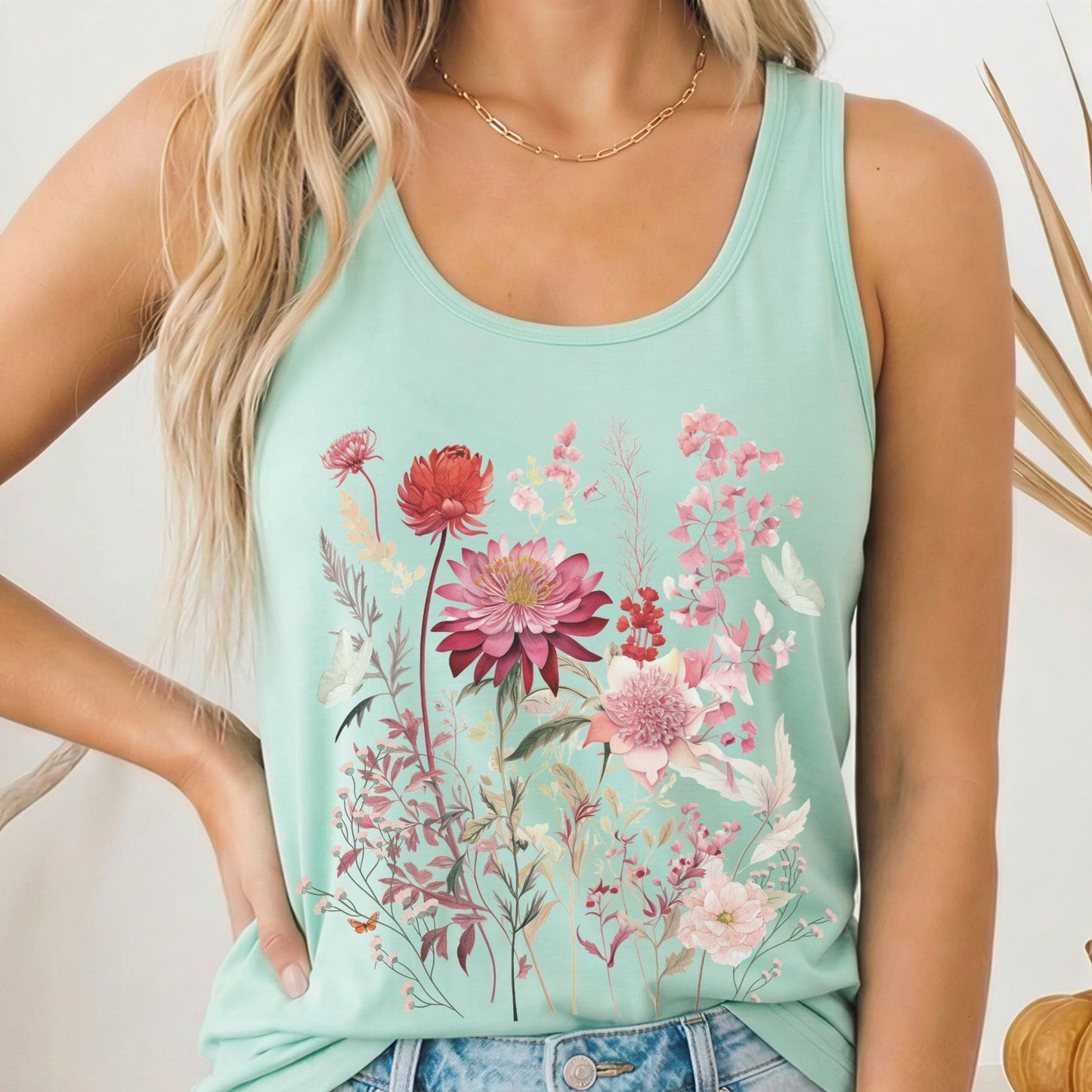Tank Top Pink Floral Wildflower & Butterfly Women's Lightweight Racerback Tank Top The Mystic Eden