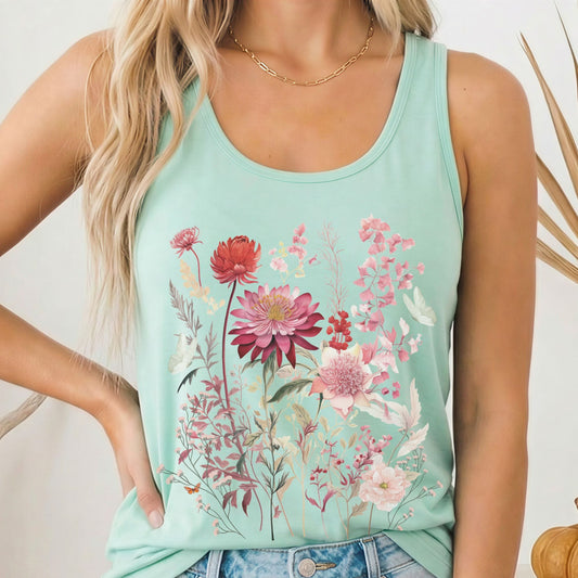 Tank Top Pink Floral Wildflower & Butterfly Women's Lightweight Racerback Tank Top The Mystic Eden