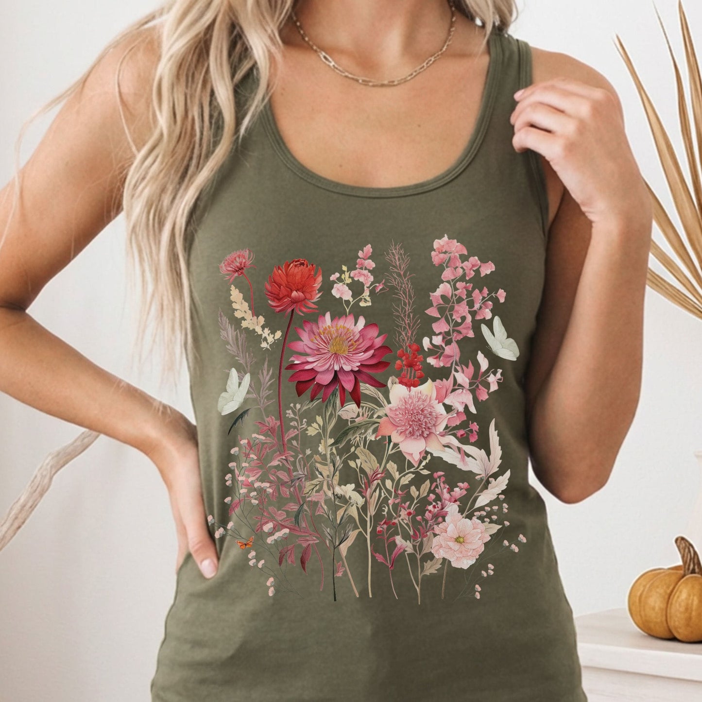 Tank Top Pink Floral Wildflower & Butterfly Women's Lightweight Racerback Tank Top The Mystic Eden