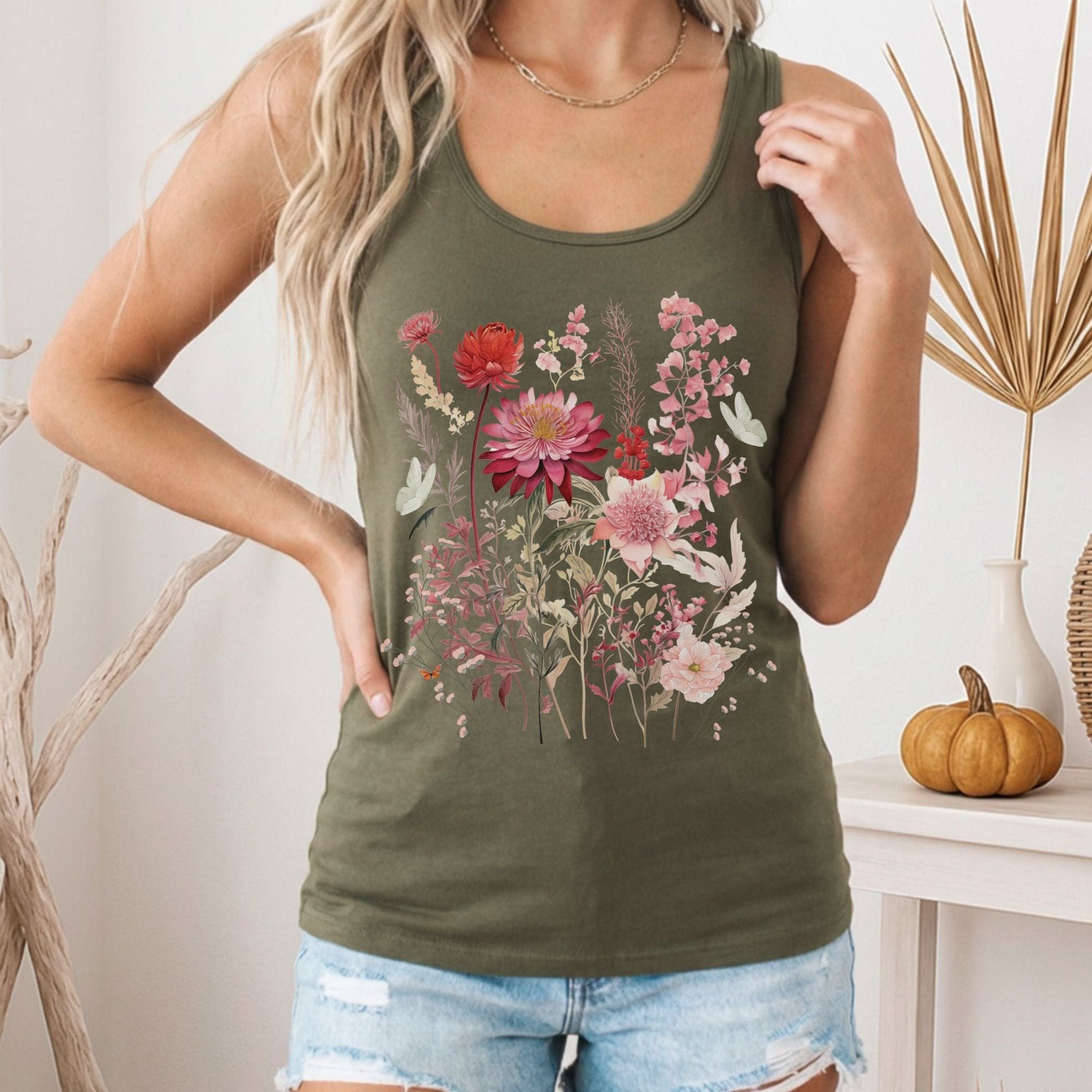 Tank Top Pink Floral Wildflower & Butterfly Women's Lightweight Racerback Tank Top The Mystic Eden