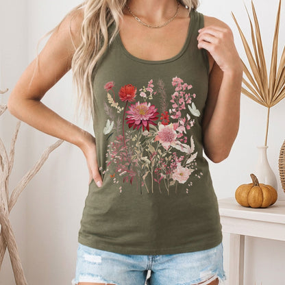 Tank Top Pink Floral Wildflower & Butterfly Women's Lightweight Racerback Tank Top The Mystic Eden