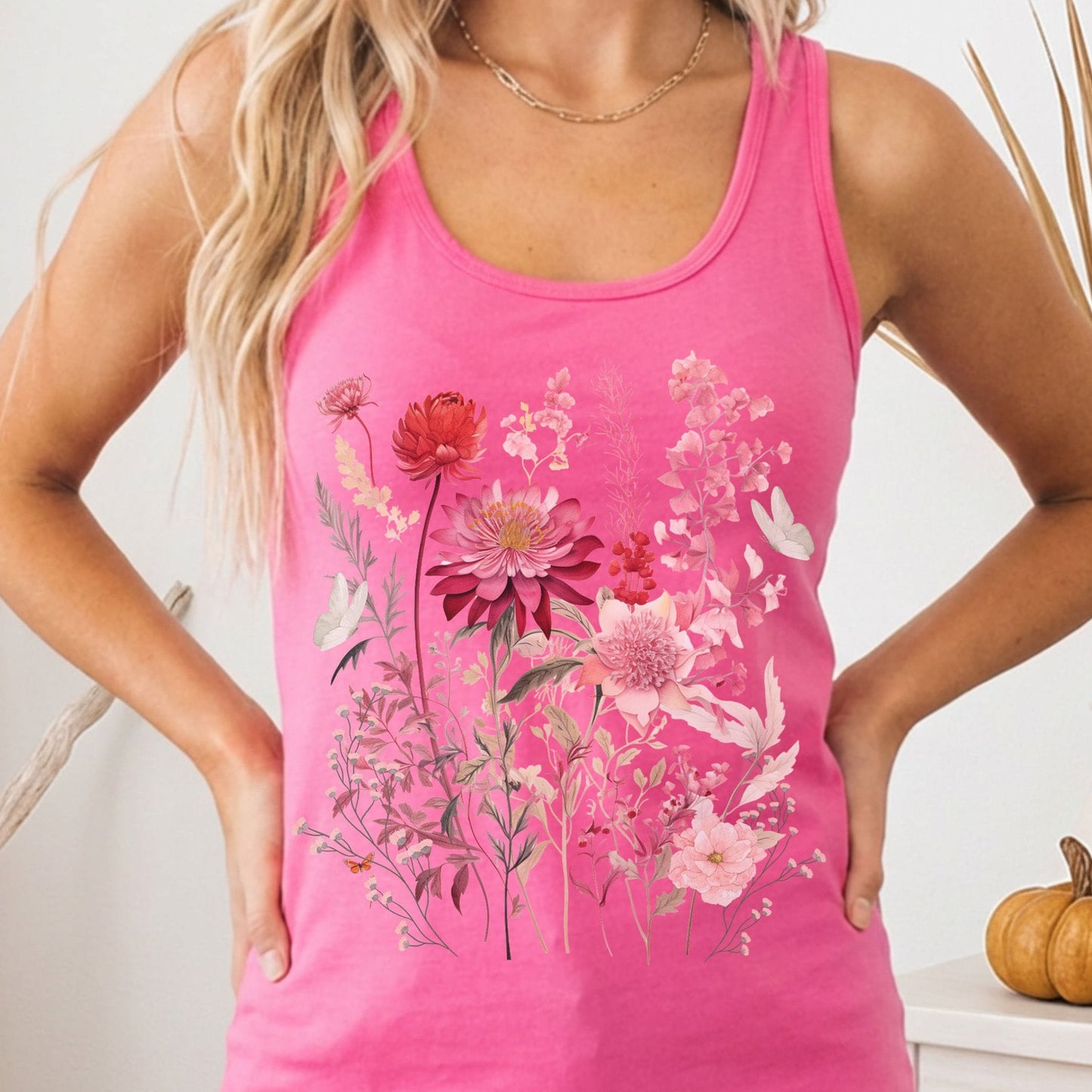 Tank Top Pink Floral Wildflower & Butterfly Women's Lightweight Racerback Tank Top The Mystic Eden
