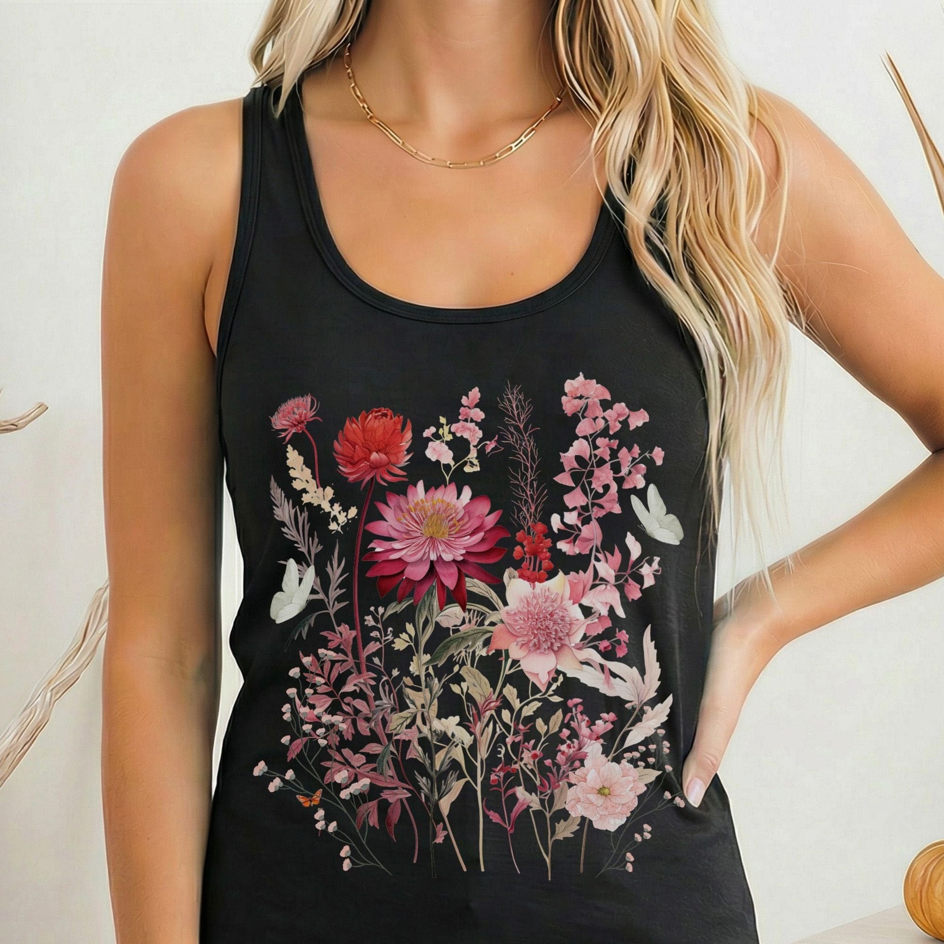 Tank Top Pink Floral Wildflower & Butterfly Women's Lightweight Racerback Tank Top The Mystic Eden