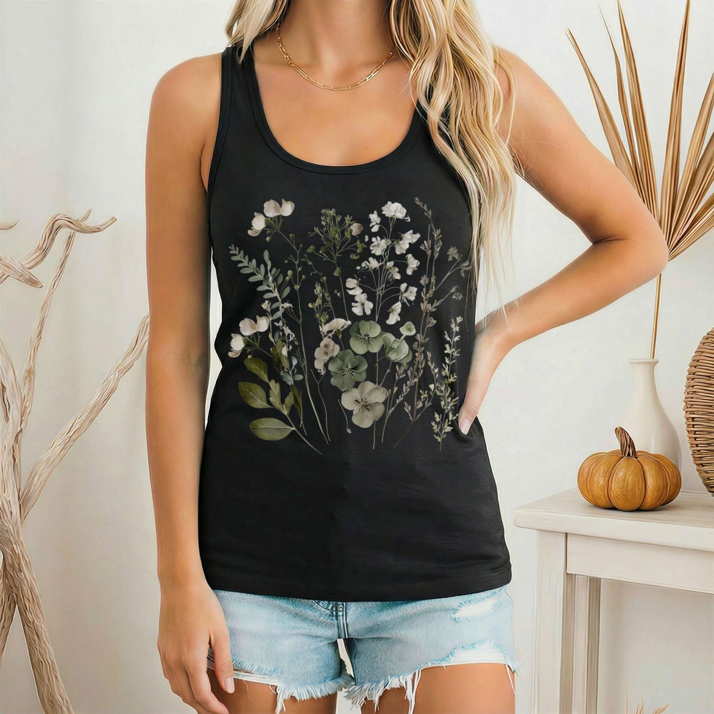 Tank Top Sage and White Wildflower Lightweight Women's Racerback Tank The Mystic Eden