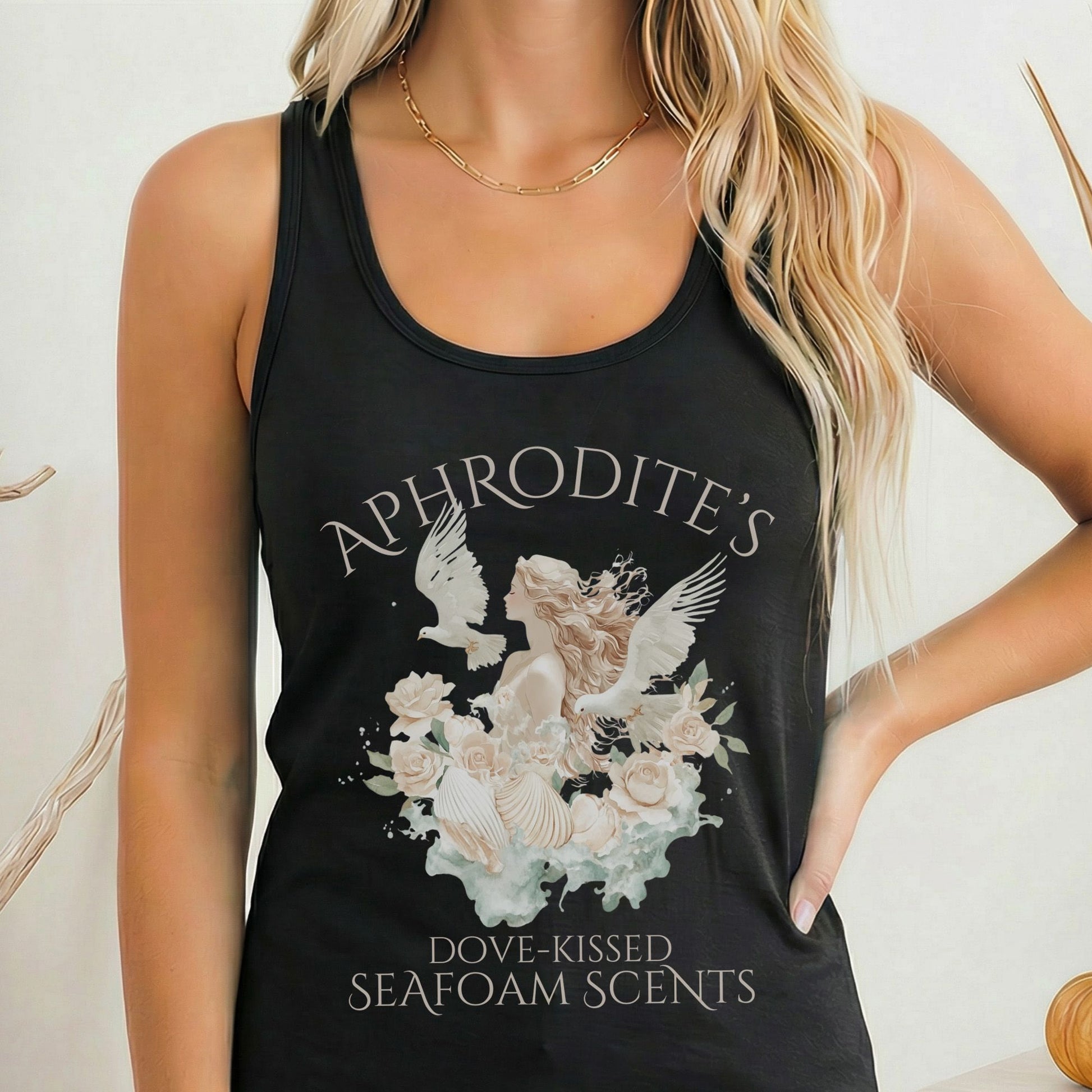 Tank Top Solid Black / XS Aphrodite's Dove-Kissed Seafoam Scents Women's Racerback Tank Top The Mystic Eden