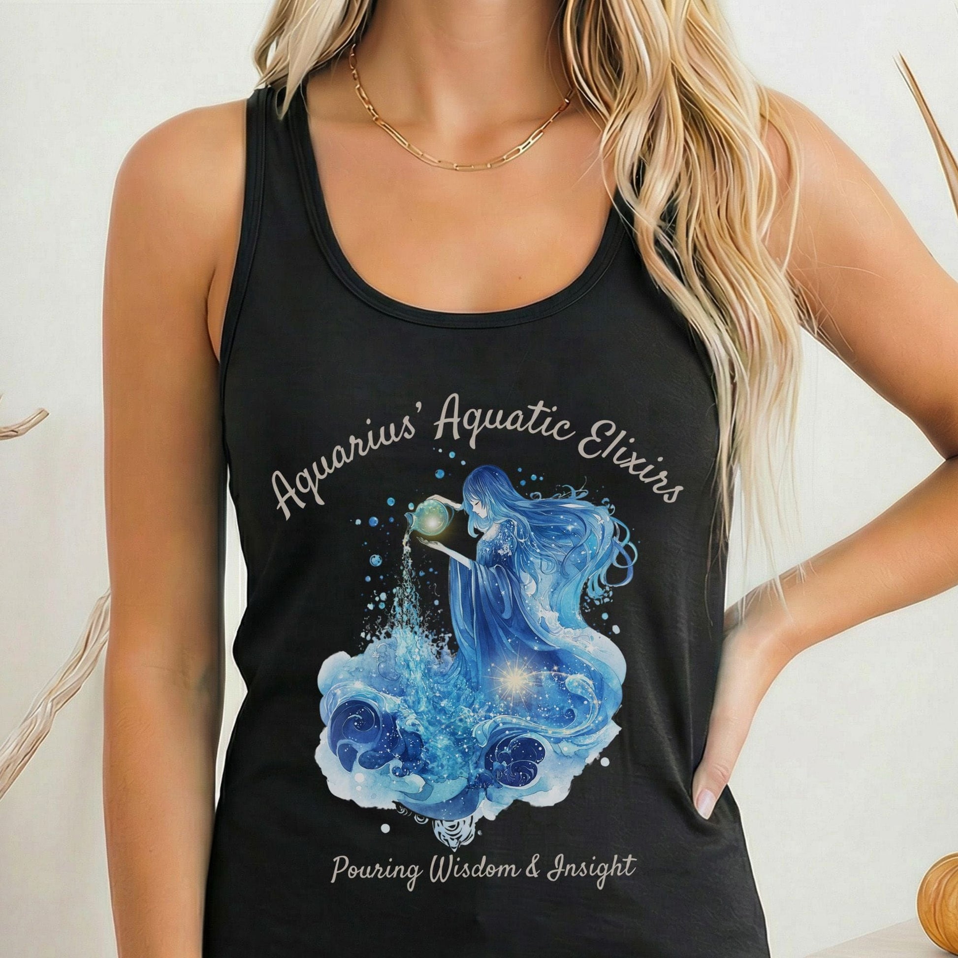 Tank Top Solid Black / XS Aquarius' Aquatic Elixirs Zodiac Women's Racerback Tank Top The Mystic Eden
