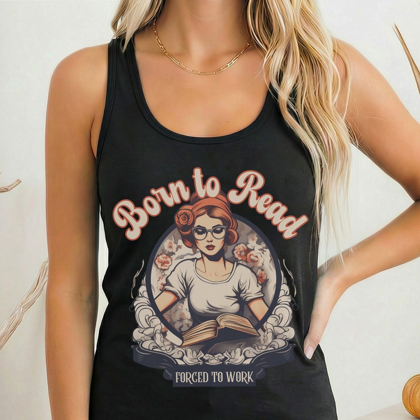 Tank Top Solid Black / XS Born To Read Forced To Work Women's Racerback Tank Top The Mystic Eden