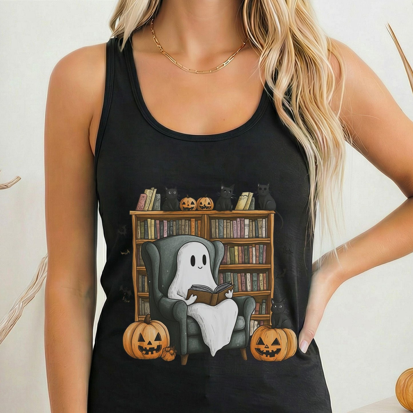 Tank Top Solid Black / XS Cute Reading Ghosts & Black Cats Women's Racerback Tank Top The Mystic Eden