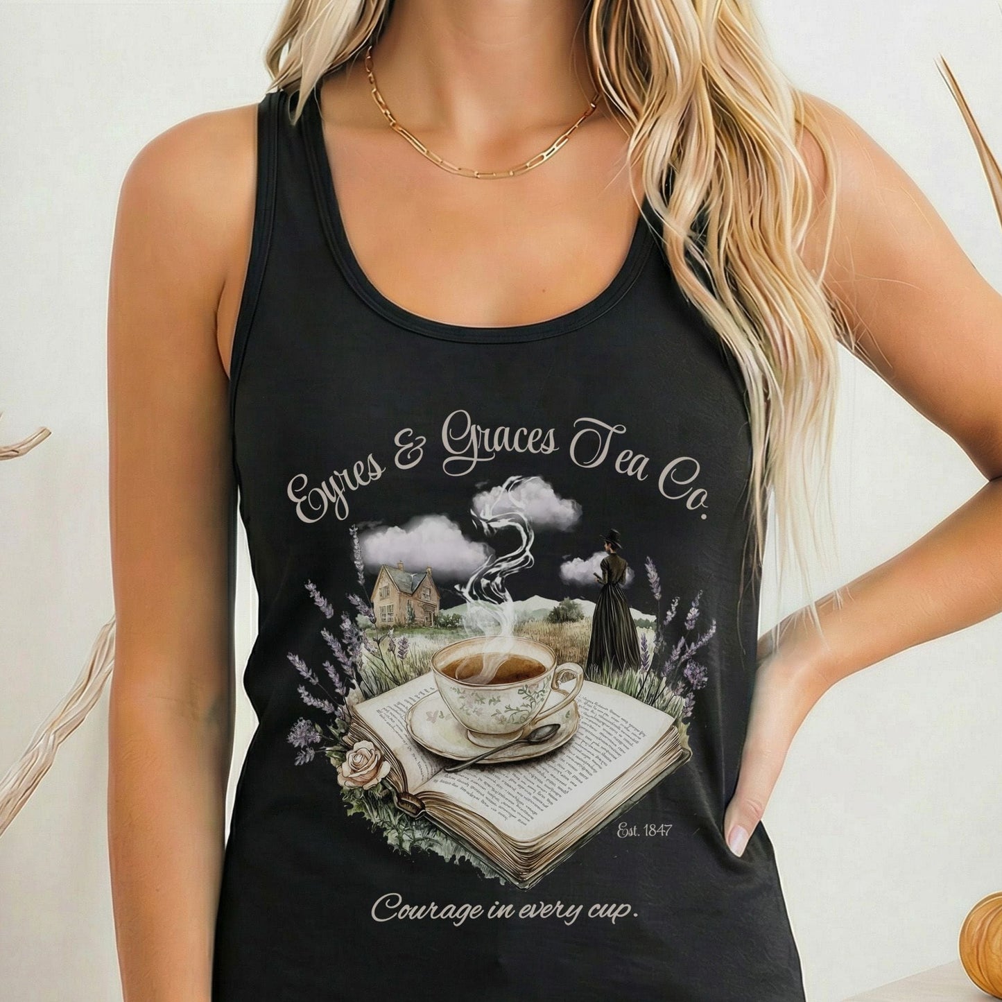 Tank Top Solid Black / XS Eyres & Graces Tea Co Jane Eyre Women's Racerback Tank Top The Mystic Eden