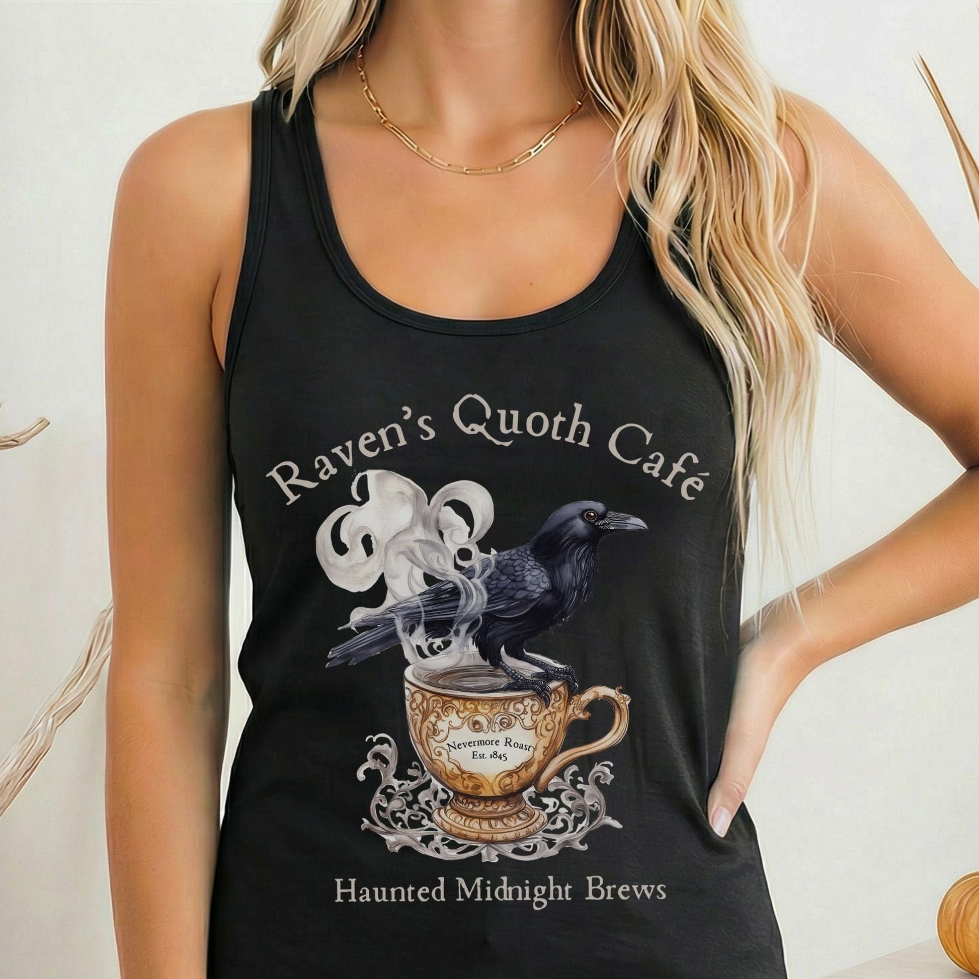 Tank Top Solid Black / XS Raven Quoth Cafe Haunted Midnight Brews Poe Women's Racerback Tank Top The Mystic Eden