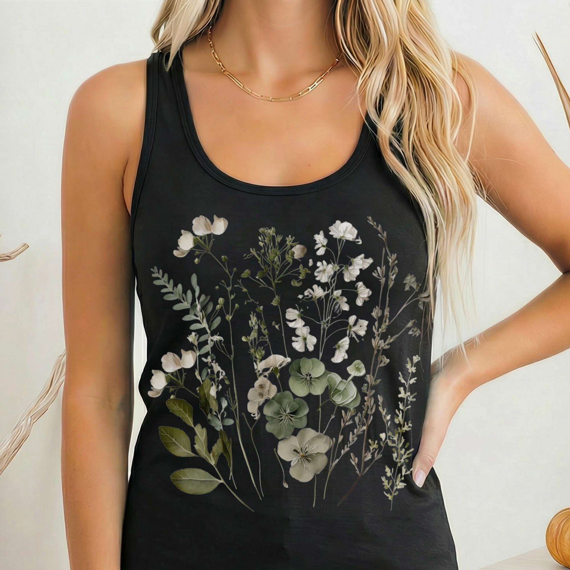 Tank Top Solid Black / XS Sage and White Wildflower Lightweight Women's Racerback Tank The Mystic Eden