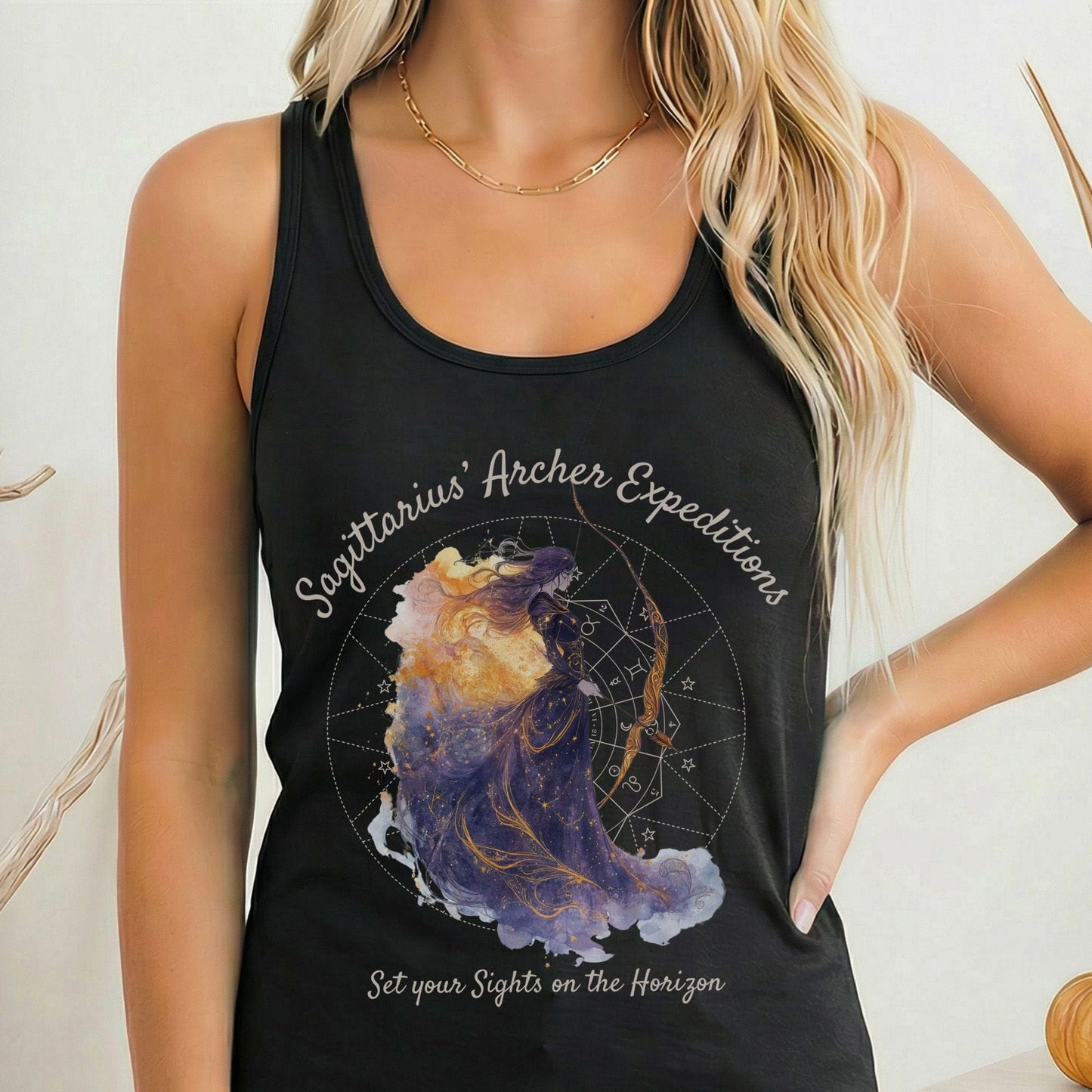 Tank Top Solid Black / XS Sagittarius' Archer Expeditions Zodiac Women's Racerback Tank Top The Mystic Eden