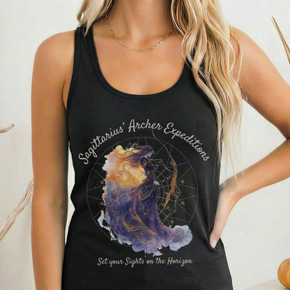 Tank Top Solid Black / XS Sagittarius' Archer Expeditions Zodiac Women's Racerback Tank Top The Mystic Eden