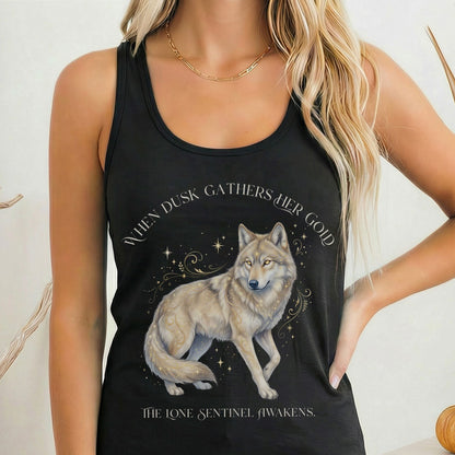 Tank Top Solid Black / XS When Dusk Gathers Her Gold Mystical Wolf Women's Lightweight Tank Top The Mystic Eden
