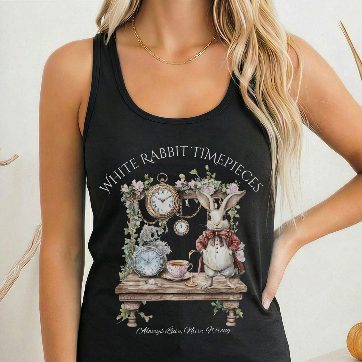 Tank Top Solid Black / XS White Rabbit Timepieces Alice in Wonderland Women's Racerback Tank Top The Mystic Eden