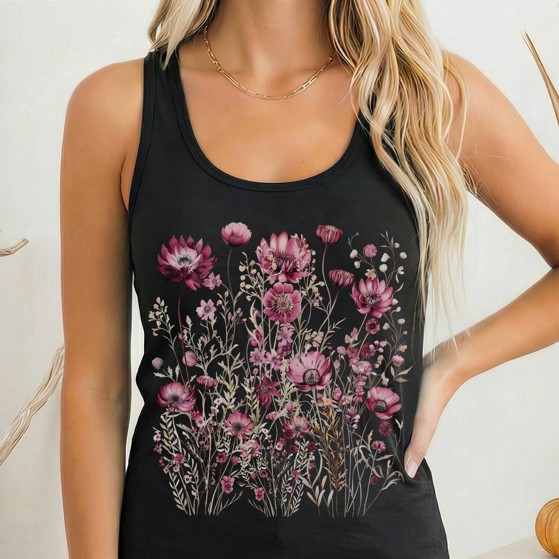 Tank Top Solid Black / XS Wildflower Maroon Floral Women's Racerback Tank Top The Mystic Eden