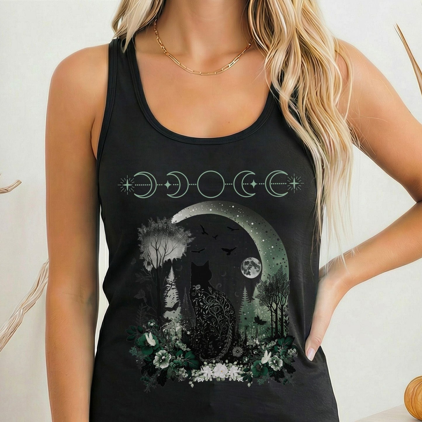 Tank Top Solid Black / XS Witchy Black Cat Women's Racerback Tank Top The Mystic Eden