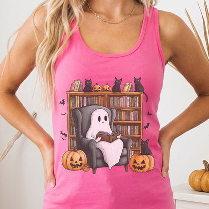 Tank Top Solid Hot Pink / XS Cute Reading Ghosts & Black Cats Women's Racerback Tank Top The Mystic Eden