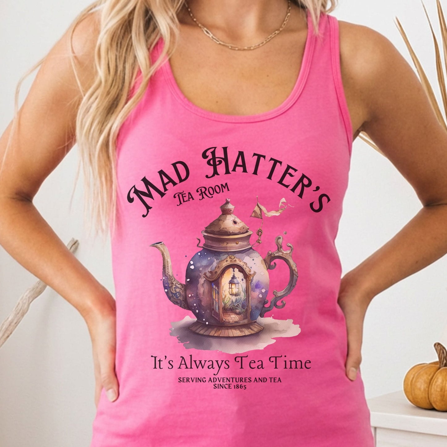 Tank Top Solid Hot Pink / XS It's Alway's Tea Time Mad Hatters Tea Room Women's Racerback Tank Top The Mystic Eden