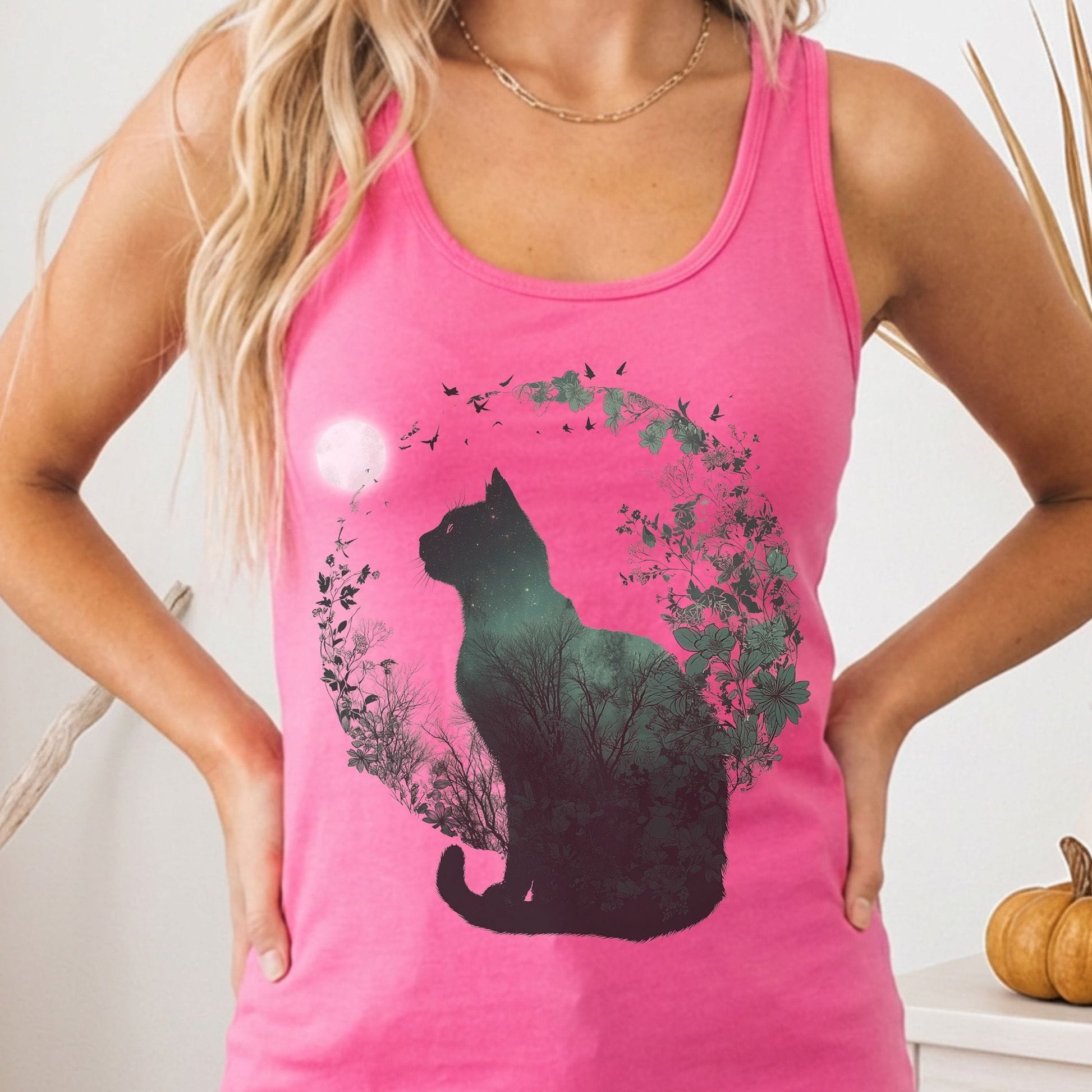 Tank Top Solid Hot Pink / XS Moonlit Nocturnal Cat Scene Women's Lightweight Tank Top The Mystic Eden