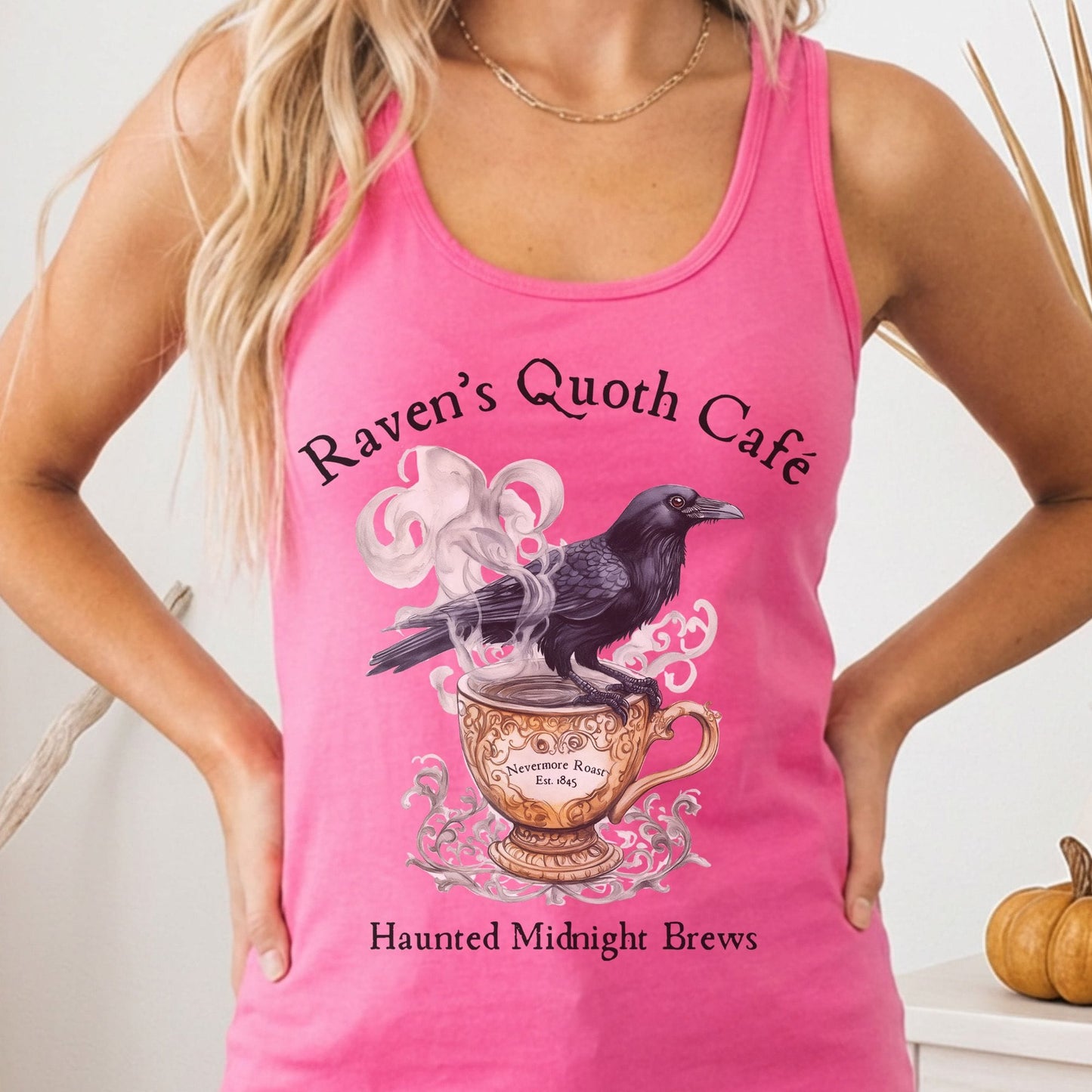 Tank Top Solid Hot Pink / XS Raven Quoth Cafe Haunted Midnight Brews Poe Women's Racerback Tank Top The Mystic Eden