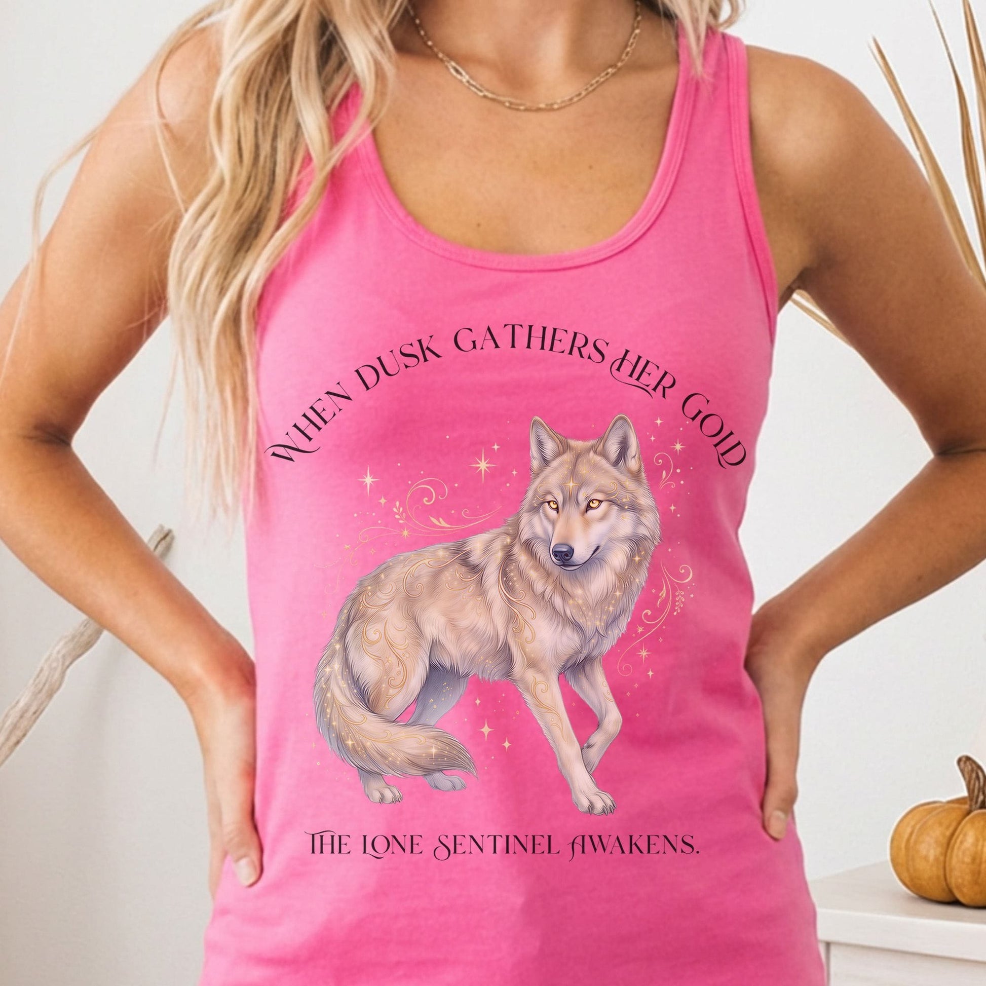 Tank Top Solid Hot Pink / XS When Dusk Gathers Her Gold Mystical Wolf Women's Lightweight Tank Top The Mystic Eden