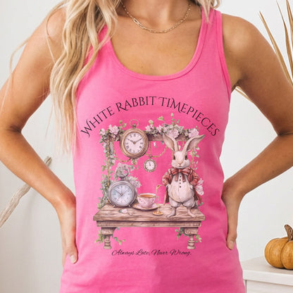 Tank Top Solid Hot Pink / XS White Rabbit Timepieces Alice in Wonderland Women's Racerback Tank Top The Mystic Eden