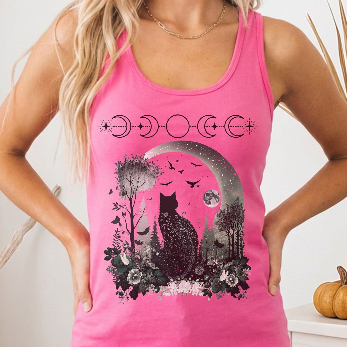 Tank Top Solid Hot Pink / XS Witchy Black Cat Women's Racerback Tank Top The Mystic Eden