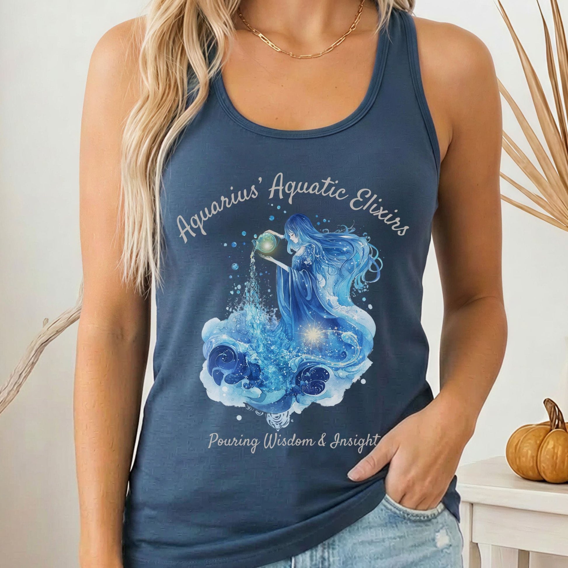 Tank Top Solid Indigo / XS Aquarius' Aquatic Elixirs Zodiac Women's Racerback Tank Top The Mystic Eden