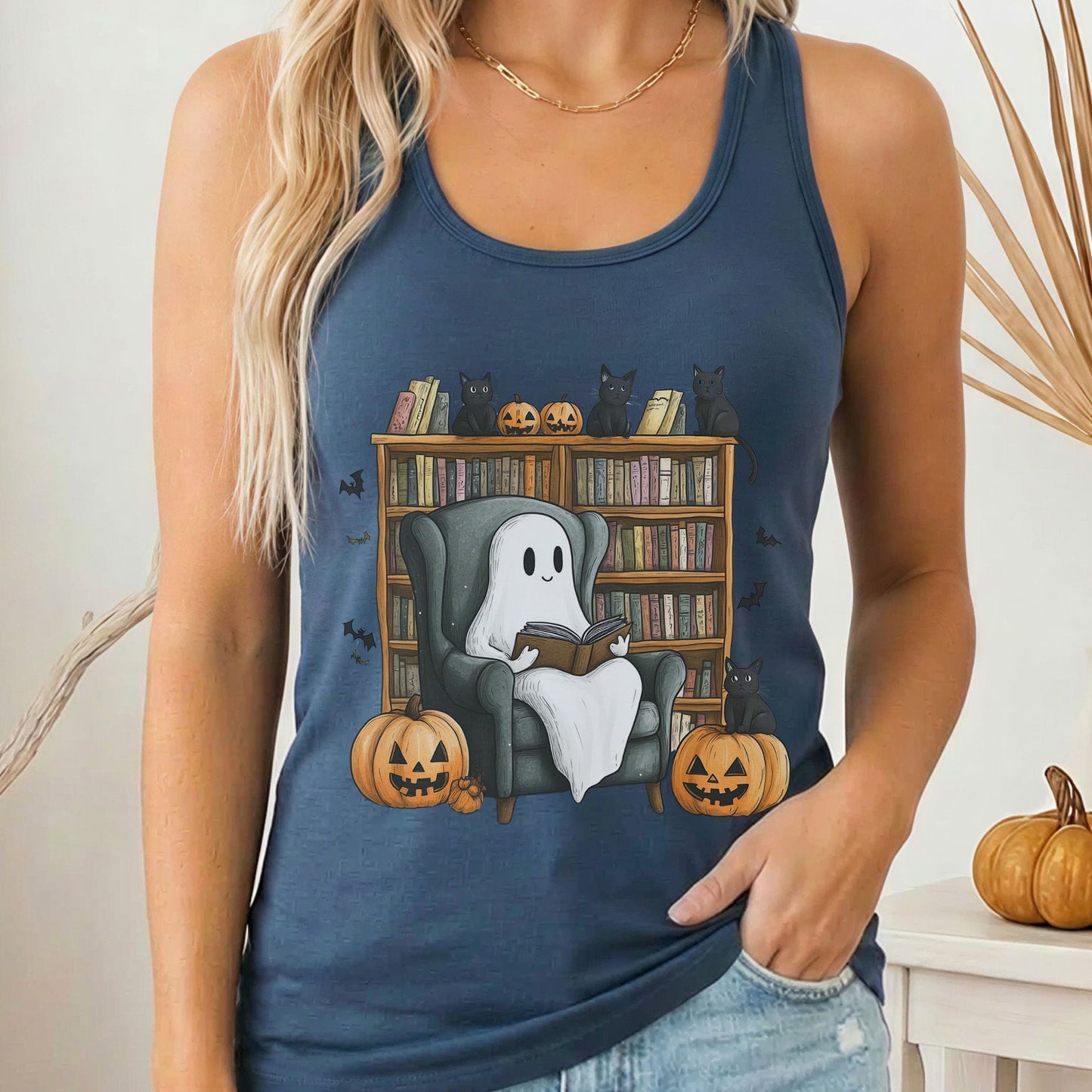 Tank Top Solid Indigo / XS Cute Reading Ghosts & Black Cats Women's Racerback Tank Top The Mystic Eden