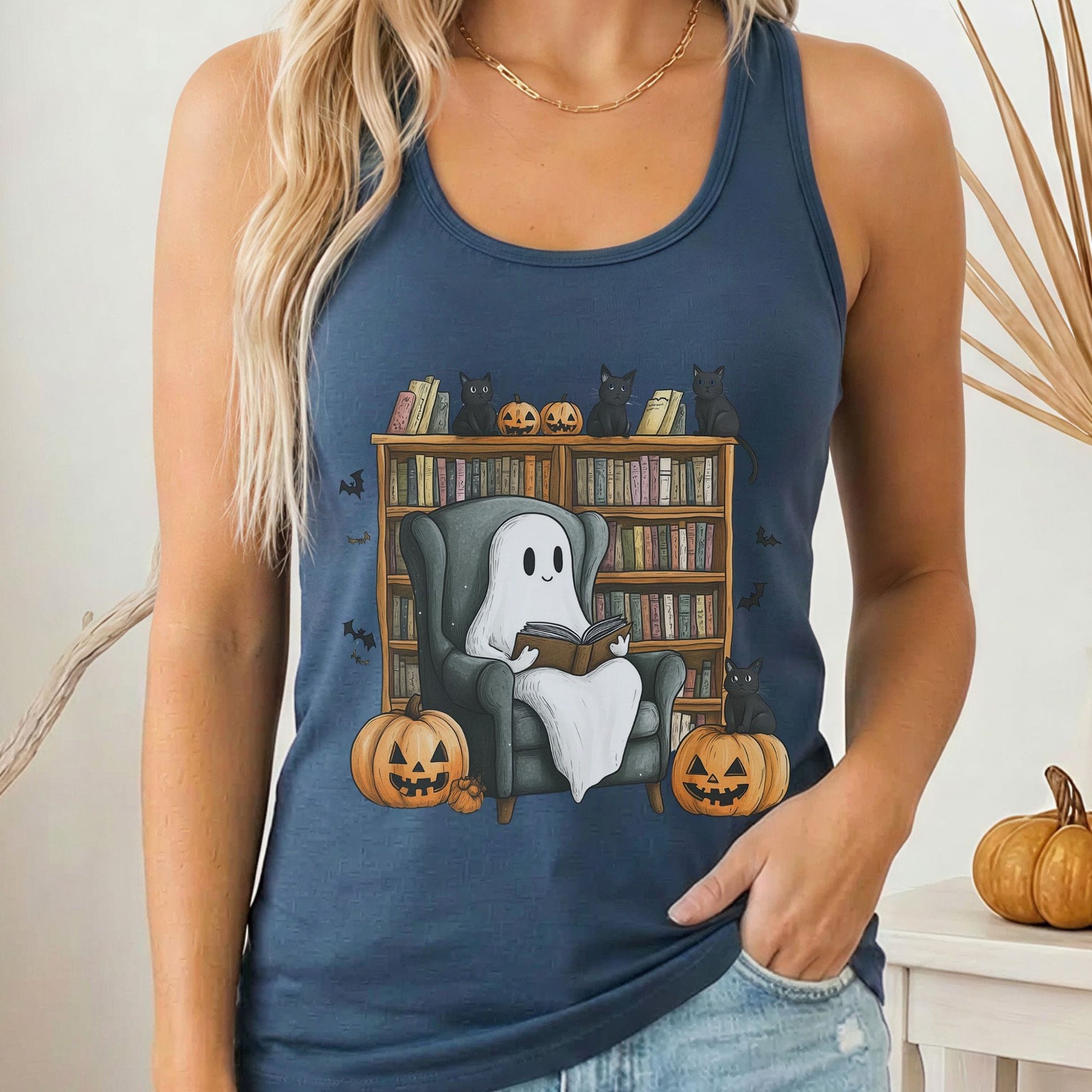 Tank Top Solid Indigo / XS Cute Reading Ghosts & Black Cats Women's Racerback Tank Top The Mystic Eden