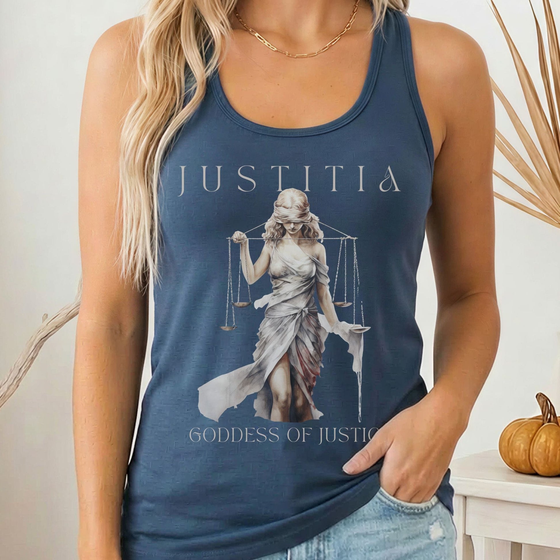 Tank Top Solid Indigo / XS Justitia Goddess of Justice Mythology Women's Racerback Tank Top The Mystic Eden