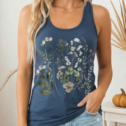 Tank Top Solid Indigo / XS Sage and White Wildflower Lightweight Women's Racerback Tank The Mystic Eden