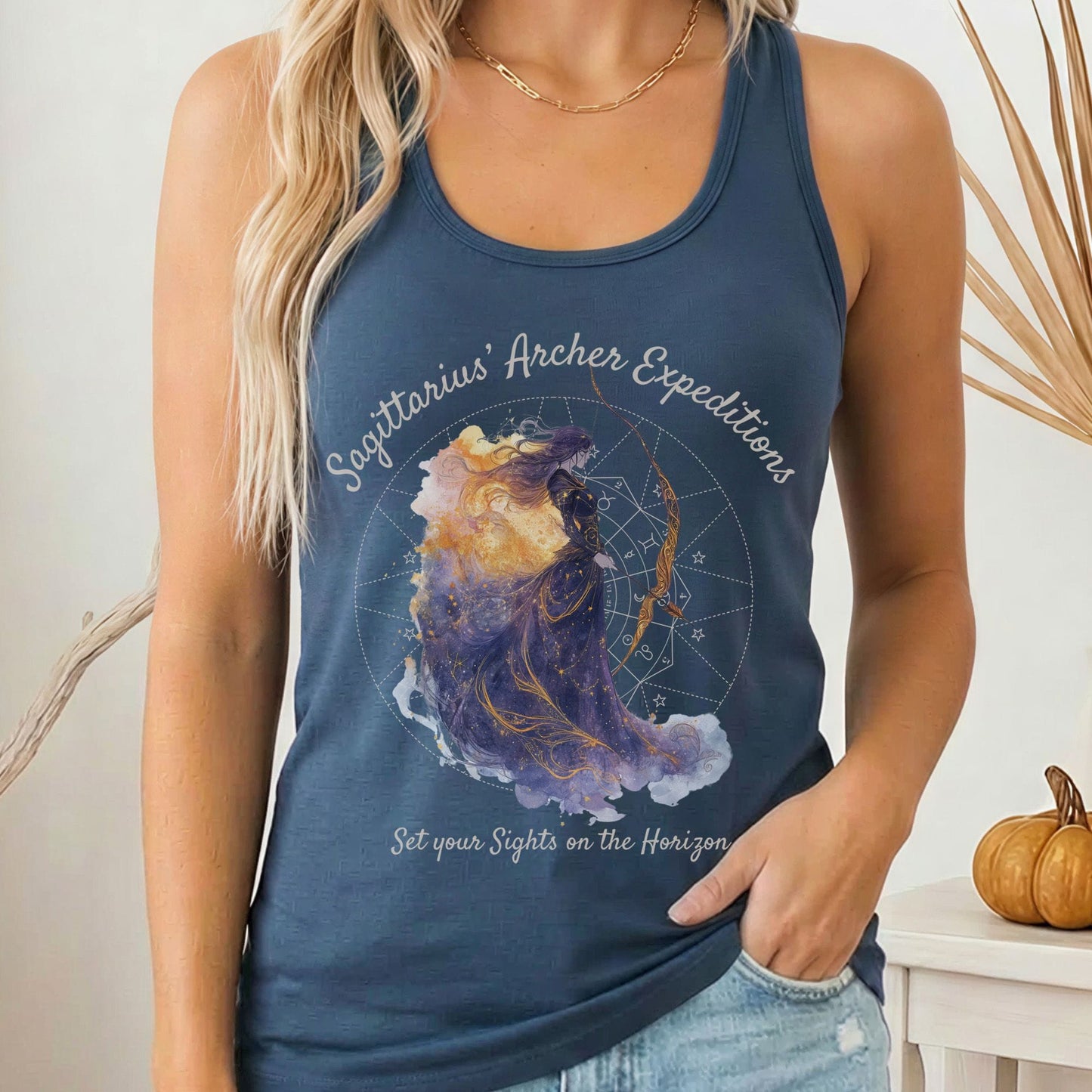 Tank Top Solid Indigo / XS Sagittarius' Archer Expeditions Zodiac Women's Racerback Tank Top The Mystic Eden