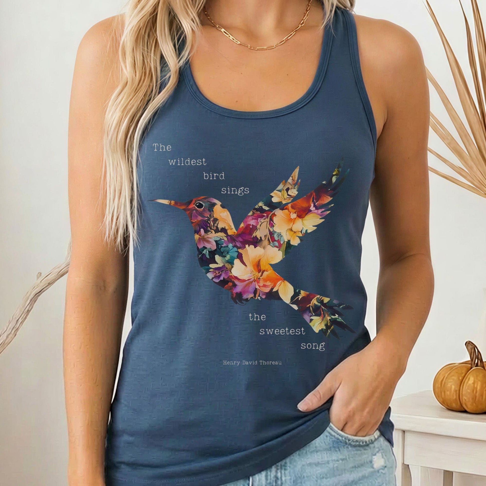 Tank Top Solid Indigo / XS The Wildest Bird Sings The Sweetest Song Thoreau Women's Racerback Tank Top The Mystic Eden